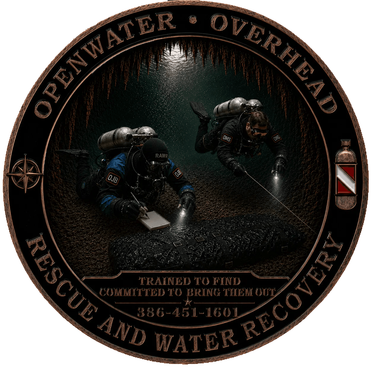 Open Water Overhead Rescue and Water Recovery emblem — two technical cave divers recovering a person, with the team motto: trained to find, committed to bring them out.